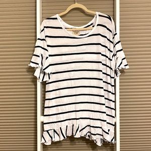 Chaser White Black Striped Ruffle Hem Top Short Sleeve Tee Large